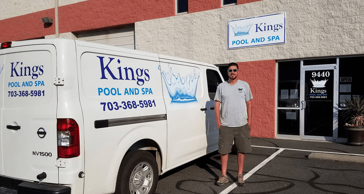 King's Pool and Spa owner standing beside a branded service van at the Manassas storefront